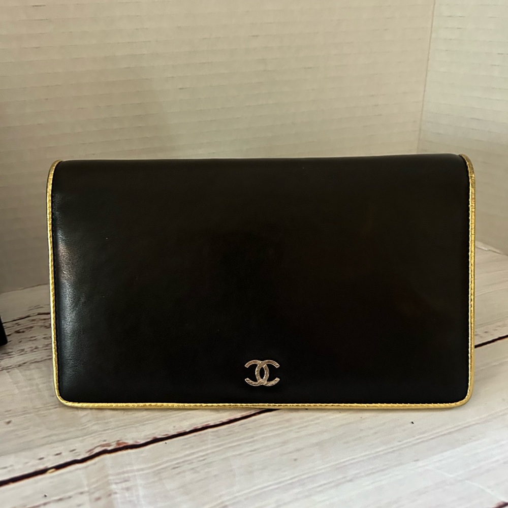 Chanel Black Leather Gold Trim Wallet with Chanel Box Can carry as clutch or WOC